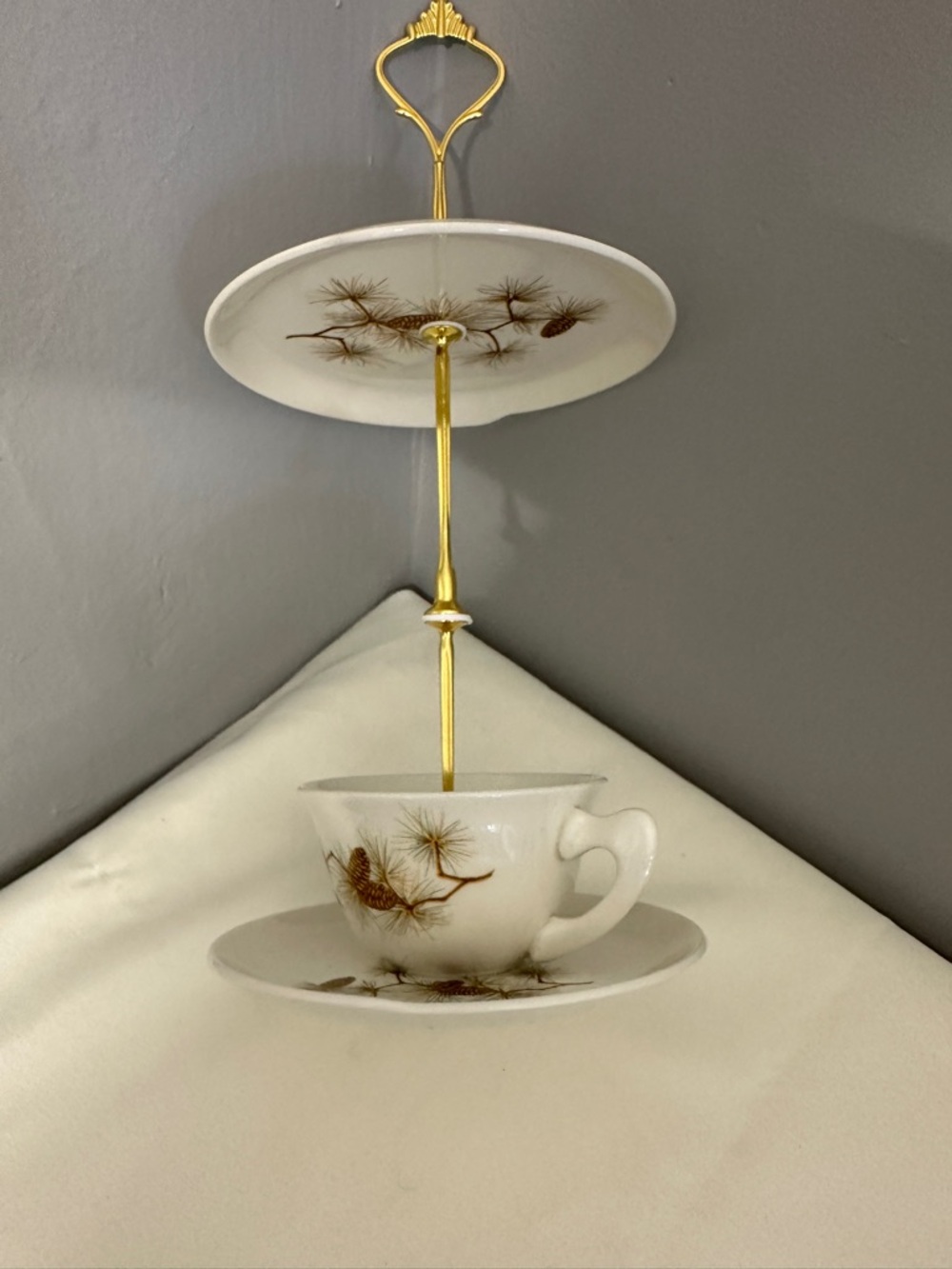 Bird Feeder Two-Tier Vintage Porcelain Tea Cup & Saucer Stand w/ Pine Cone Print